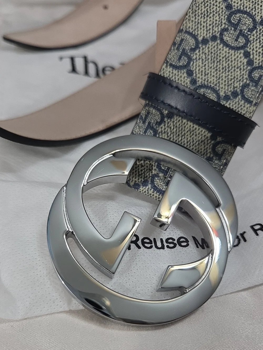Gucci GG Supreme Monogram Belt with Silver Double G Buckle Beige/Navy